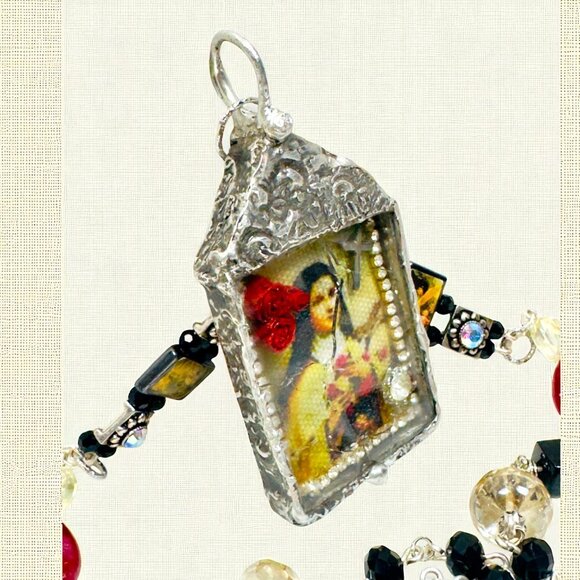 Handcrafted St Teresa Glass Shadow Box Pendant & Artisan Metalwork & Necklace - Picture 5 of 15